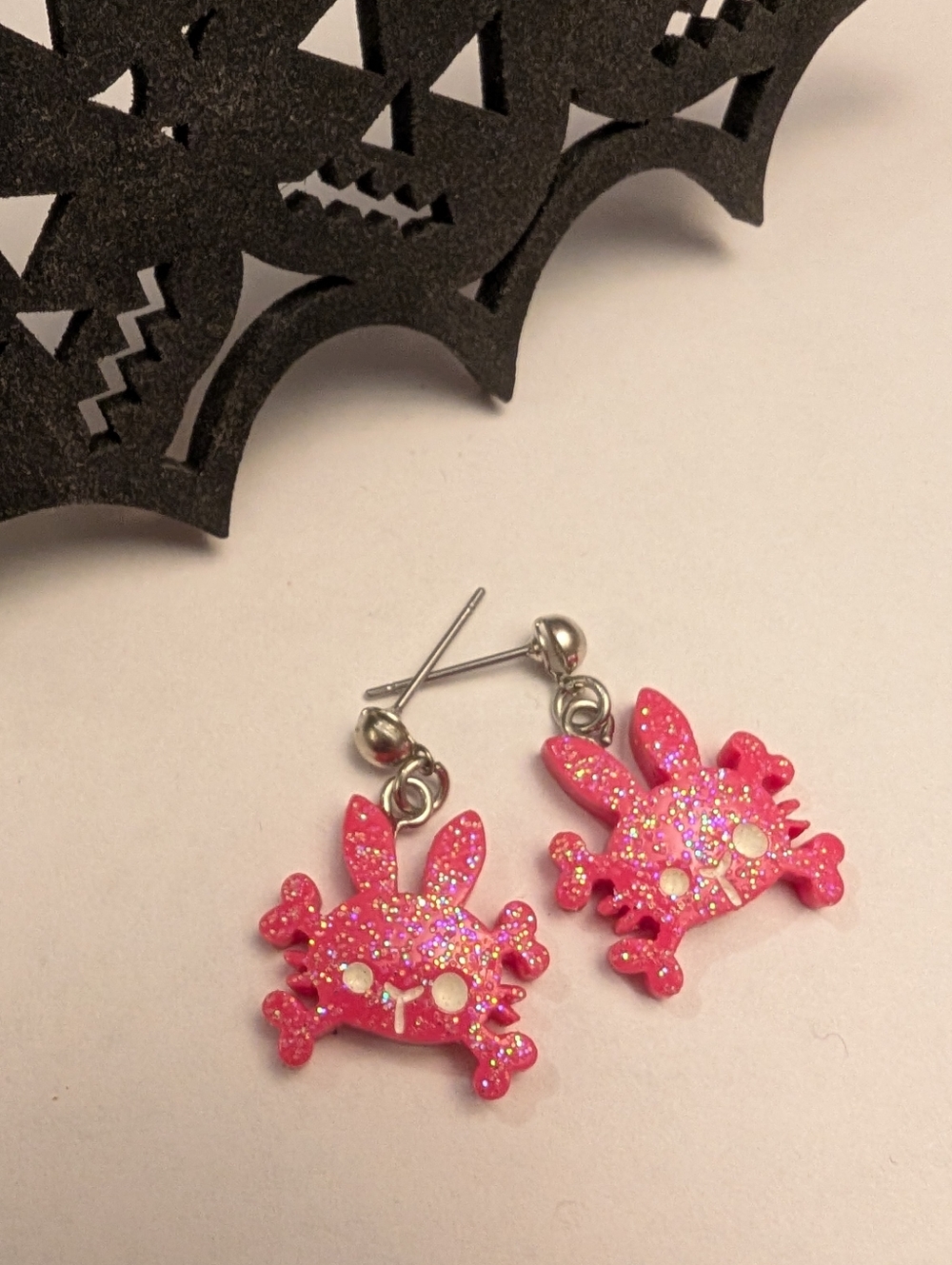 Pink Glitter Goth Bunny Skull Dangle Earrings